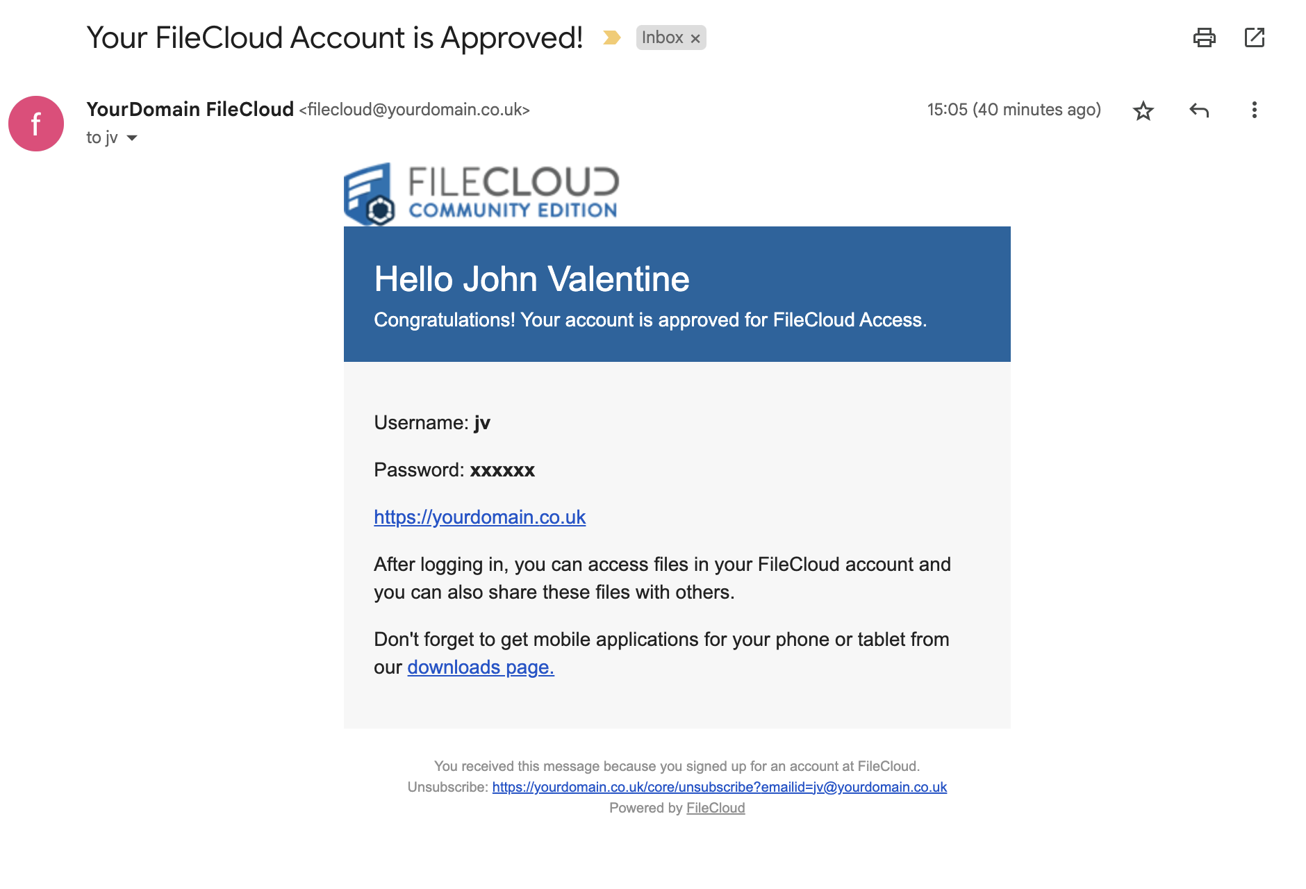 Filecloud Account confirmation email