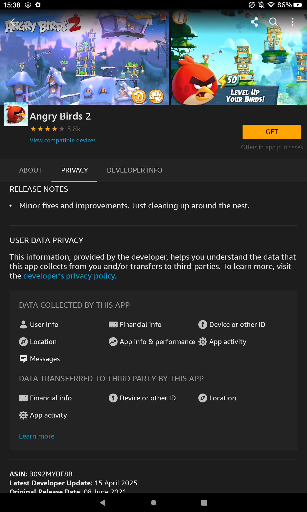 Angry Birds 2 listing on Amazon Appstore - updated 15 April 2025