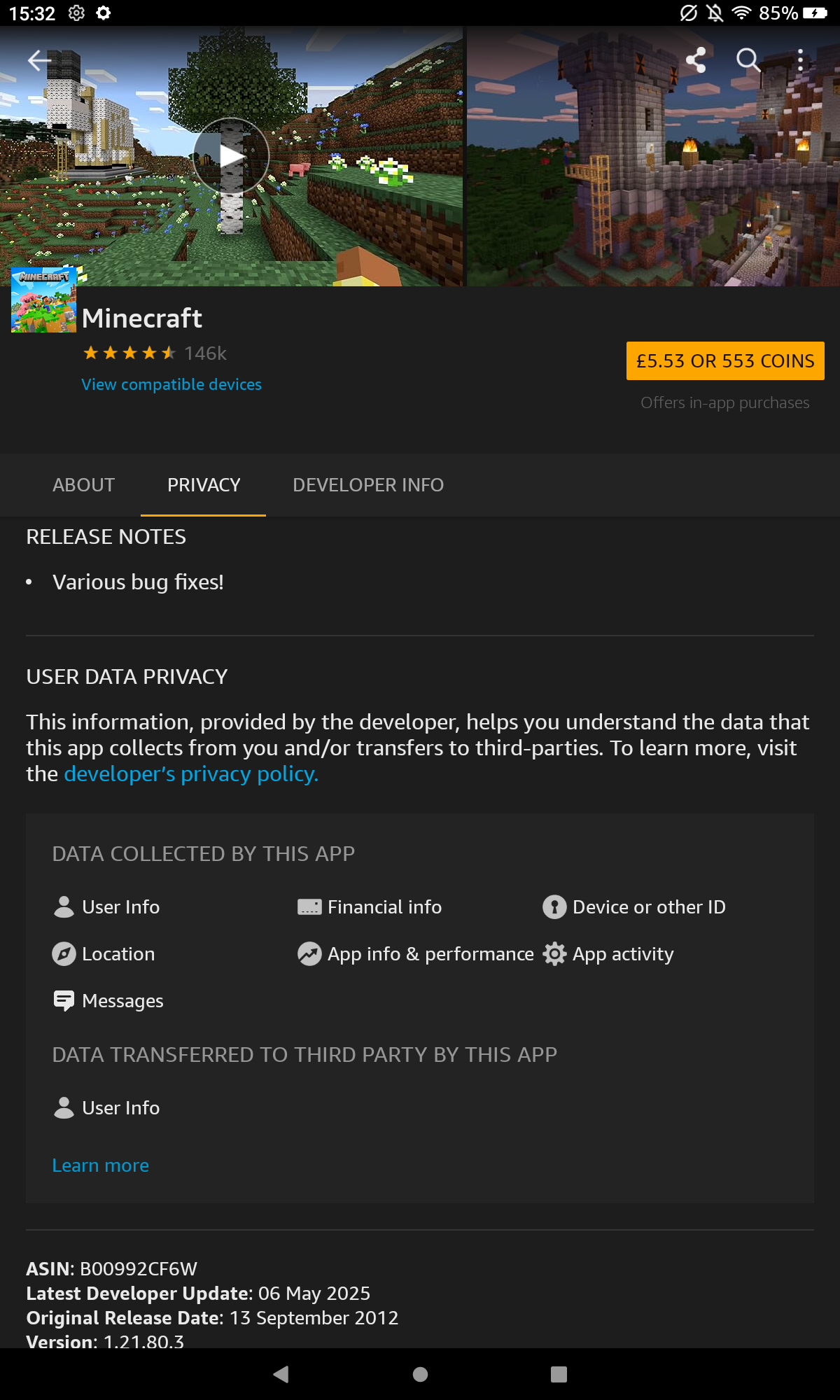 Minecraft listing on Amazon Appstore - updated 06 May 2025