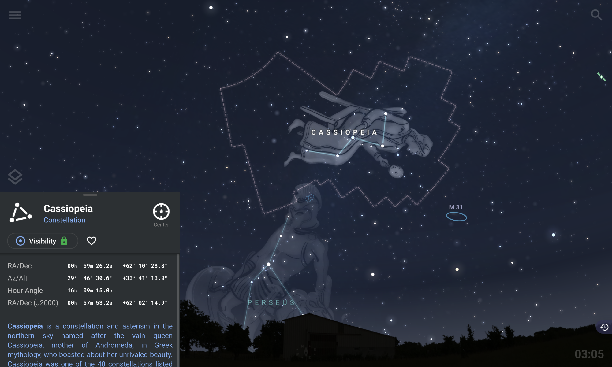 Stellarium looking at the Cassiopeia constellation