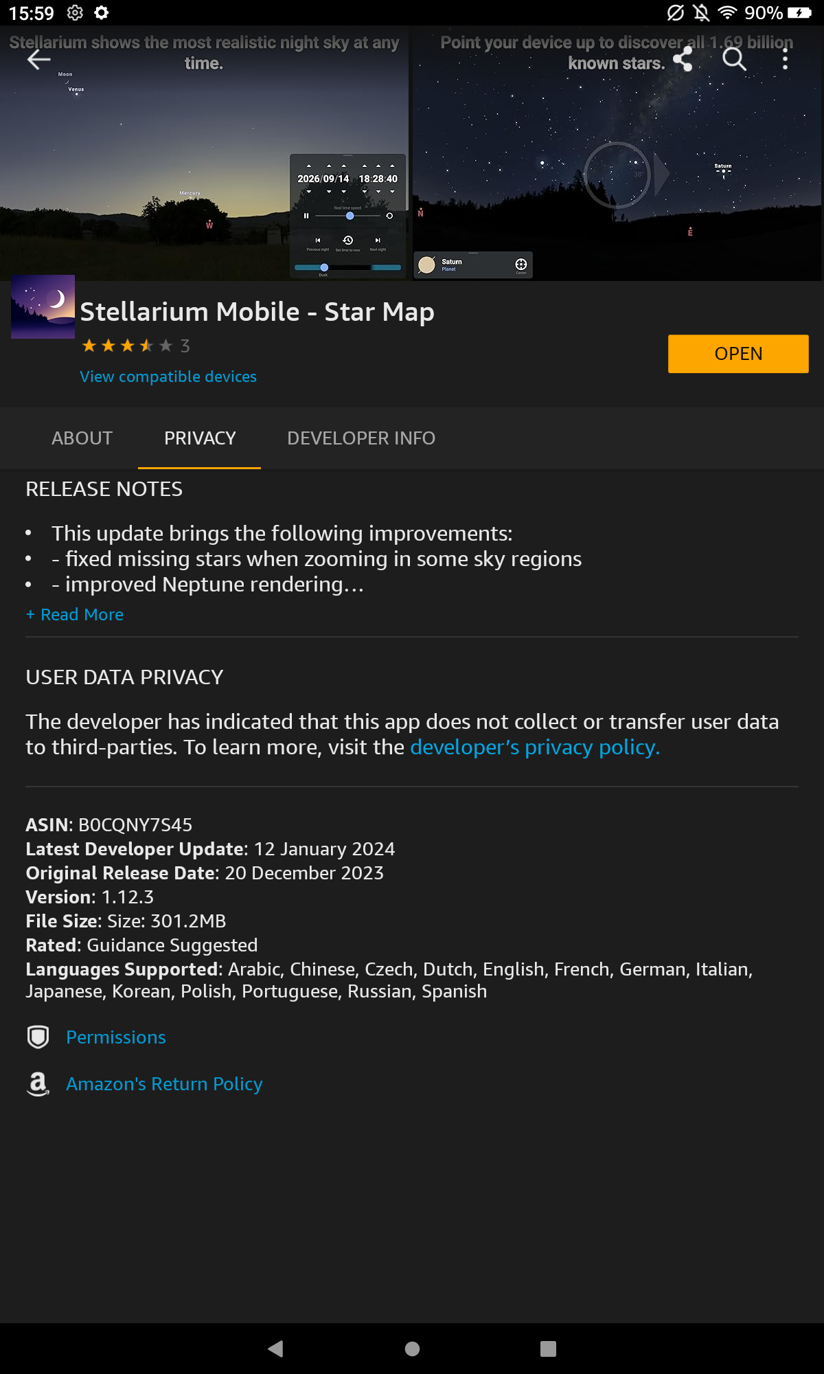 Stellarium on the Amazon appstore, updated 12 Jan 2024
