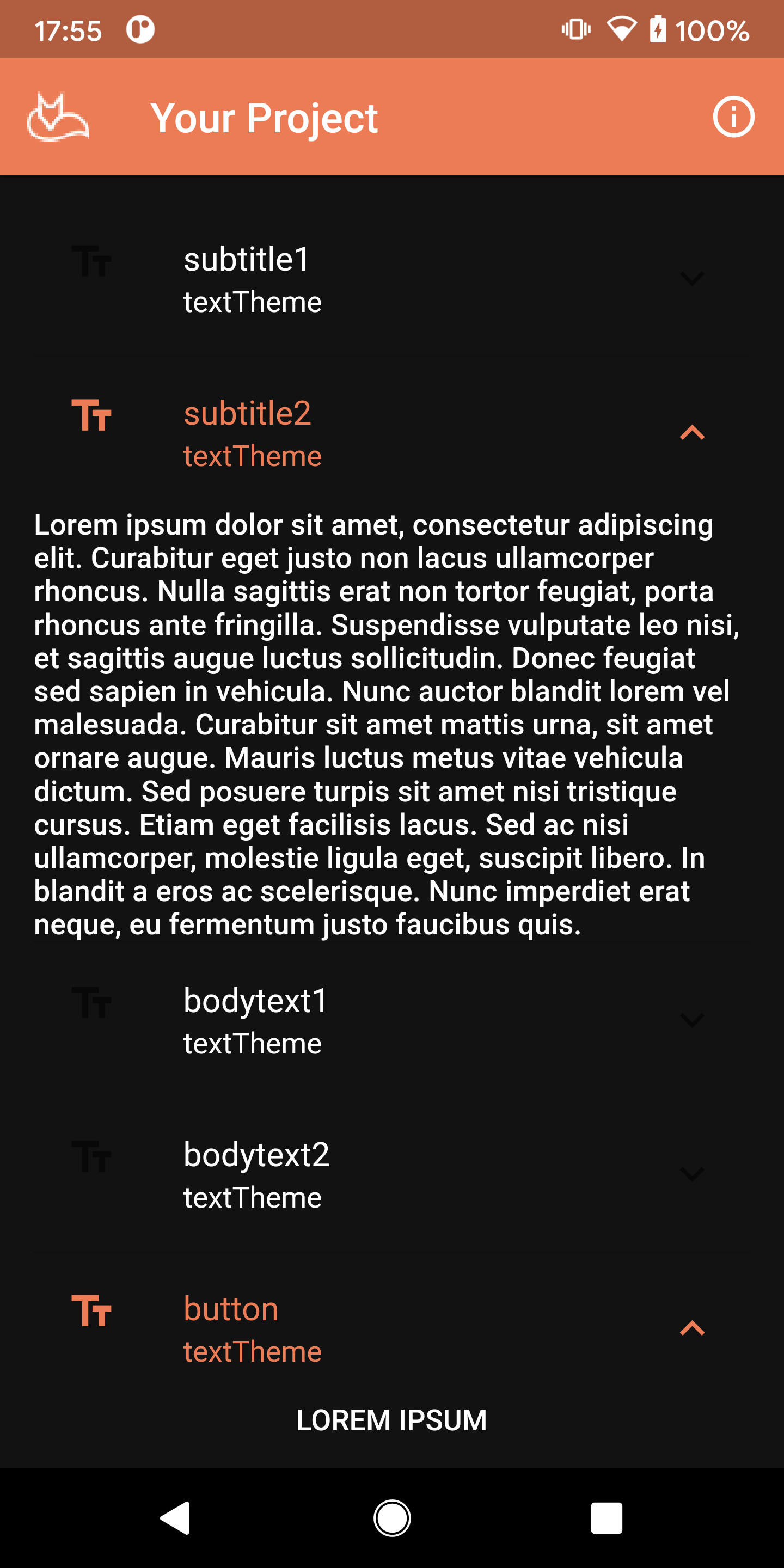 Flutter Material Components Android dark appearance ListView of all textThemes