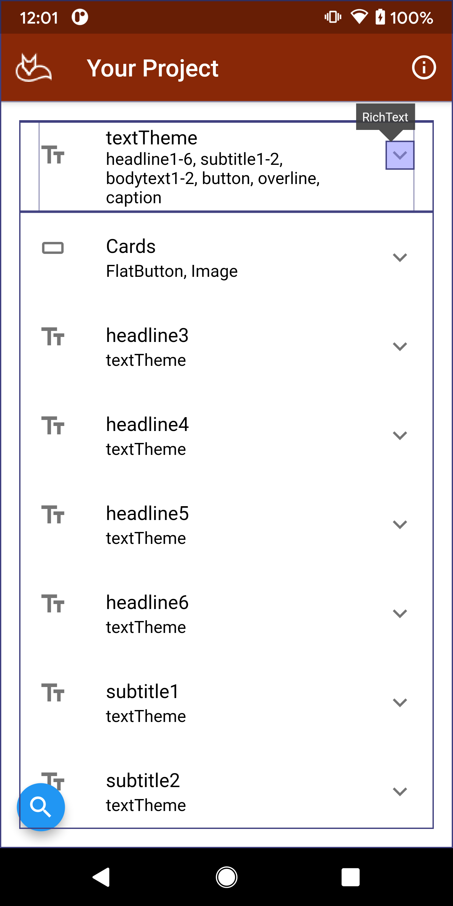 Flutter Material Components Android light appearance 'Select Widgets mode'