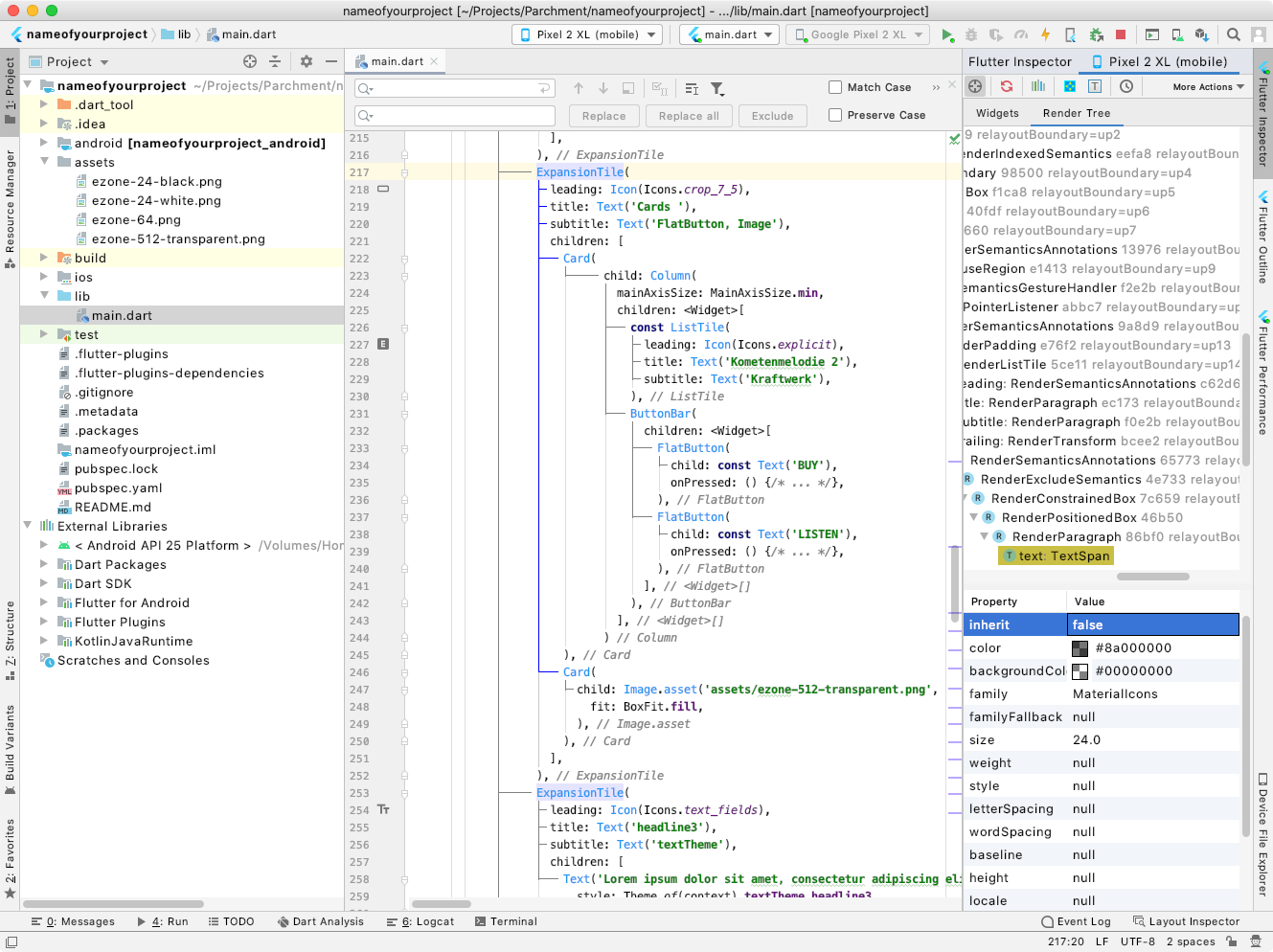 Andrid Studio Showing the Flutter Inspector on the Render Tree