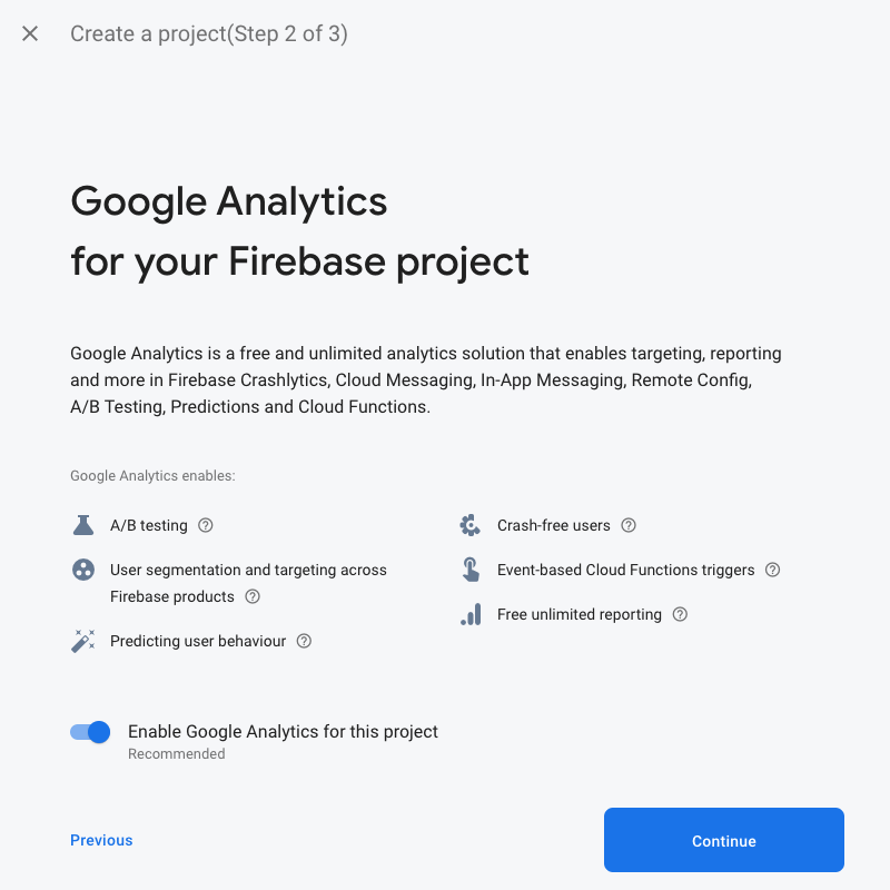 Firebase Console Enable Analytics screen shot