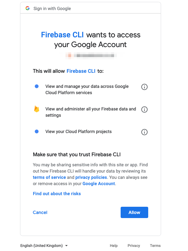 Firebase CLI Authorisation screen shot