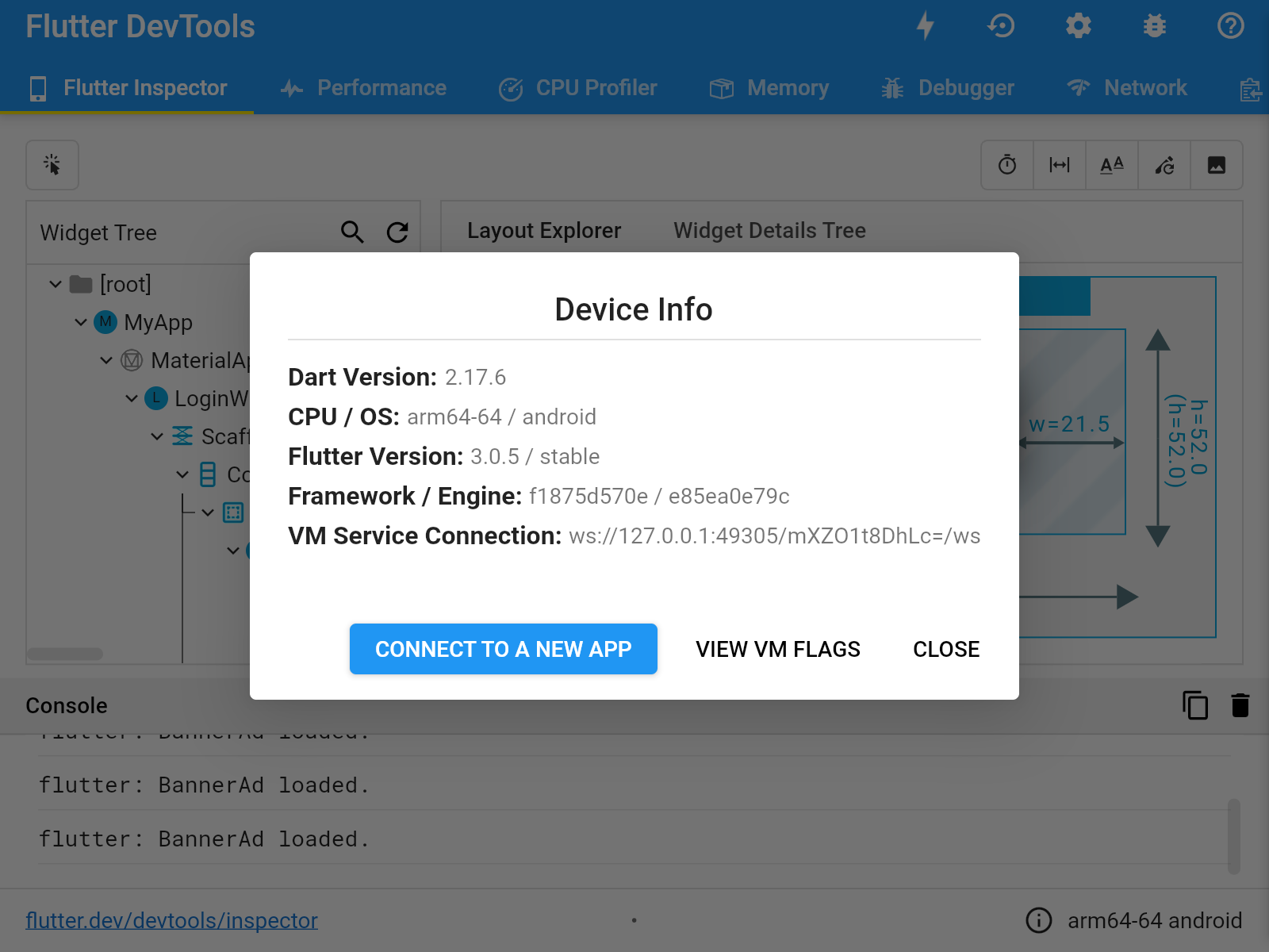 Screenshot of the Flutter DevTools debugger and profiler on Pixel 4a 5G