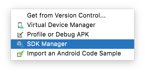 Screenshot of SDK manager menu in Android Studio 'Chipmunk' 2021.2.1