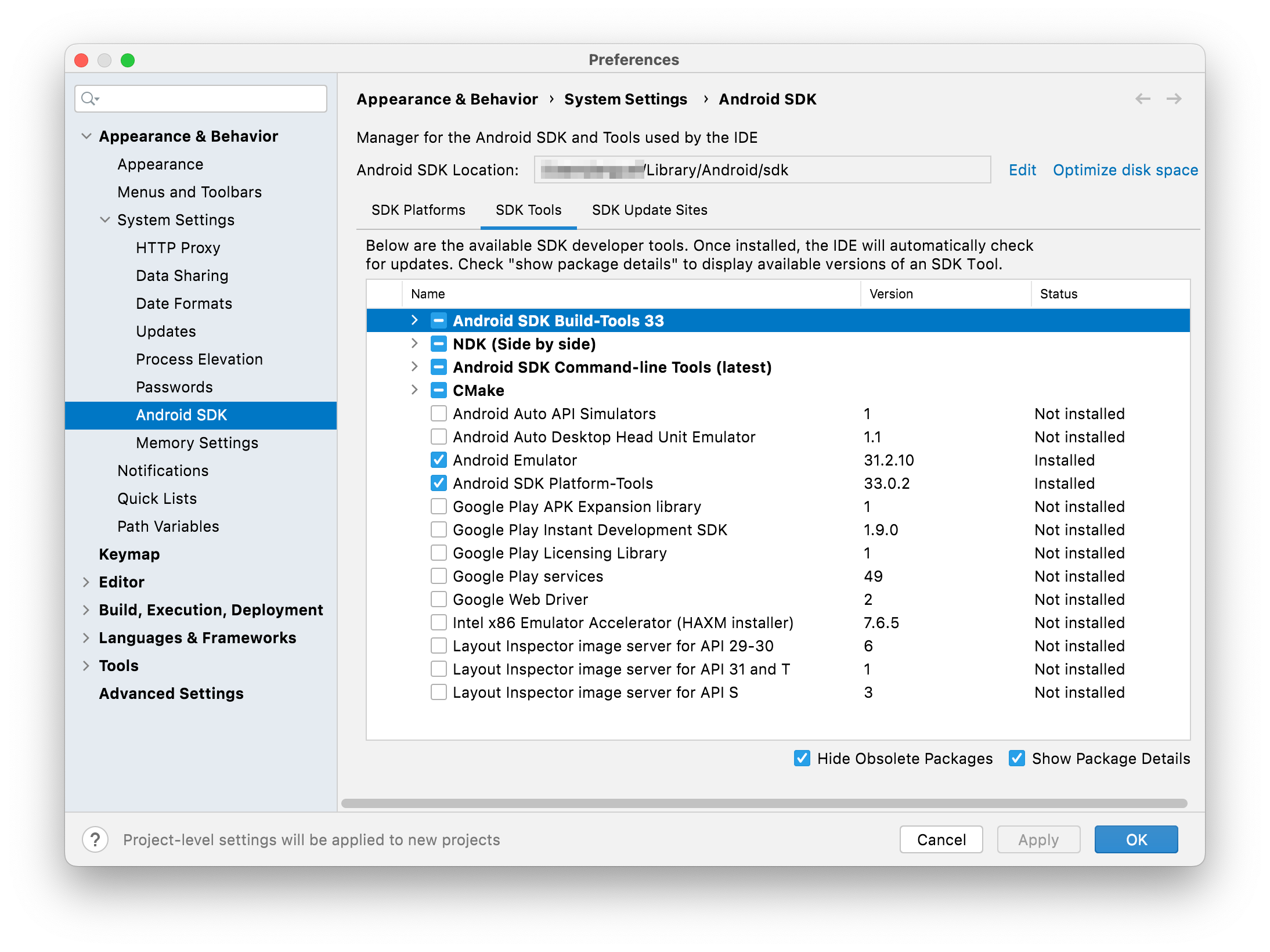 Screenshot of Android Studio SDK tools manager