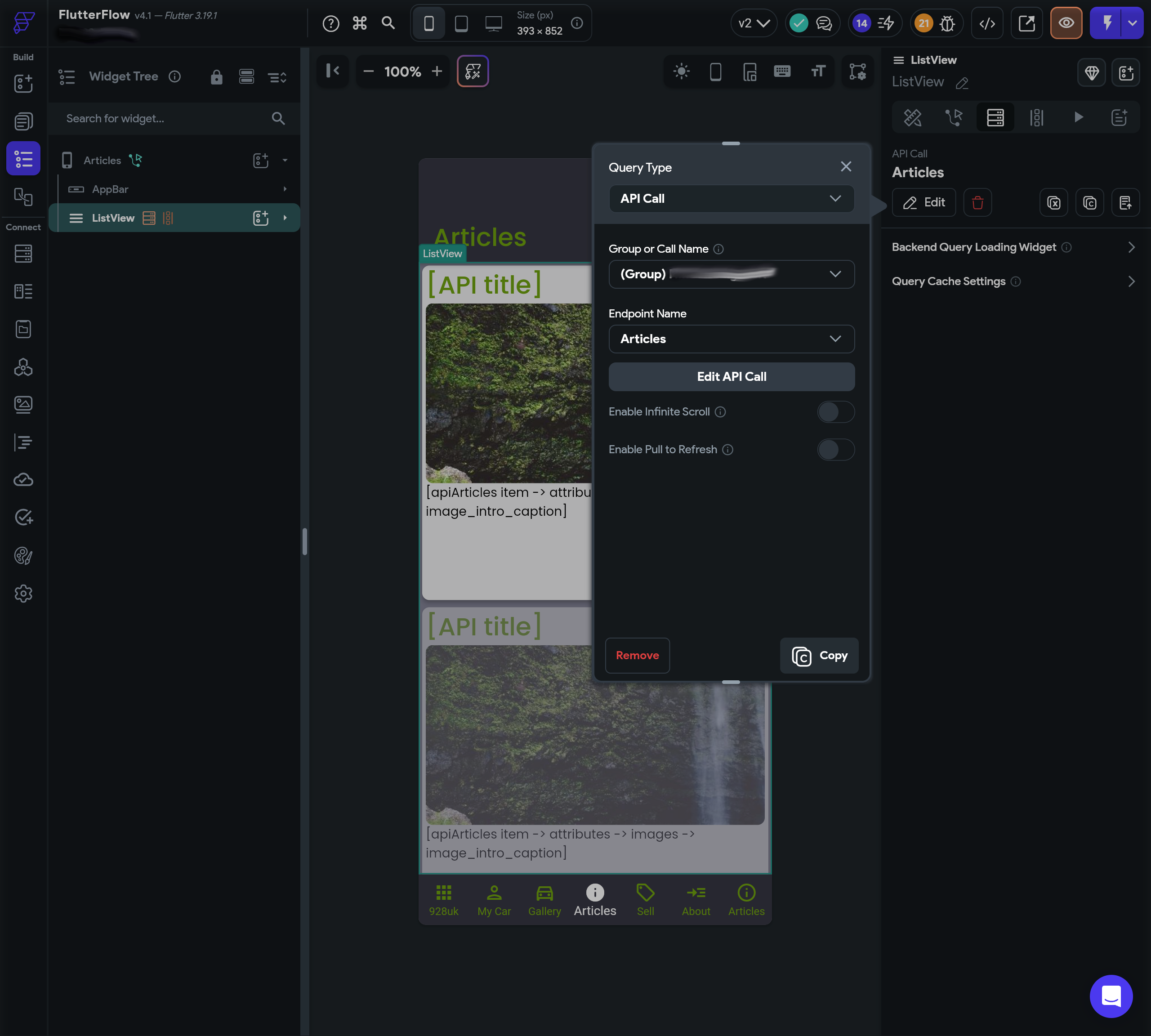 FlutterFlow page builder with the ListView highlighted, showing the backend query to Articles