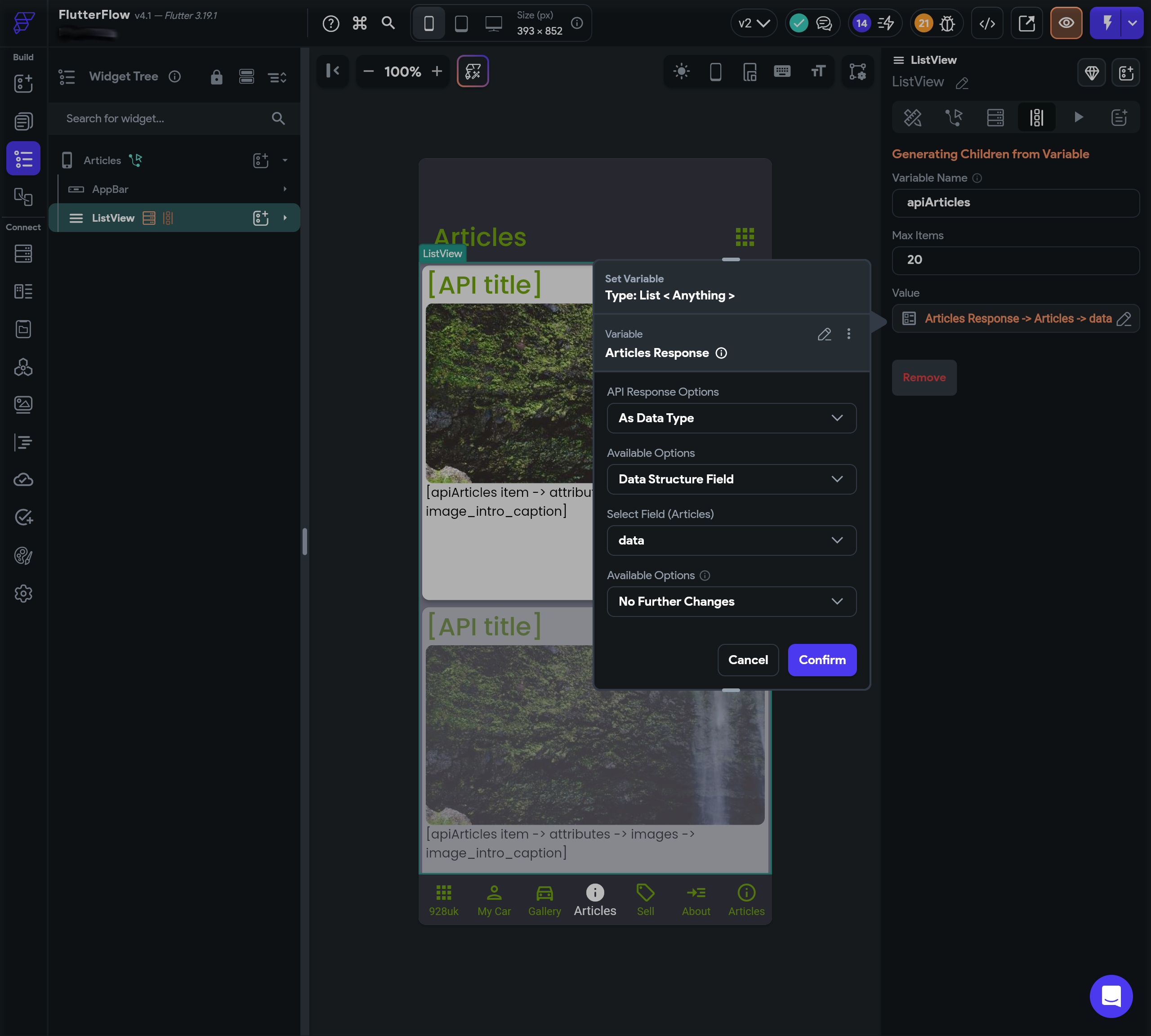 FlutterFlow page builder showing how to generate children from a variable set to the data structure field 'data' from the Articles data structure