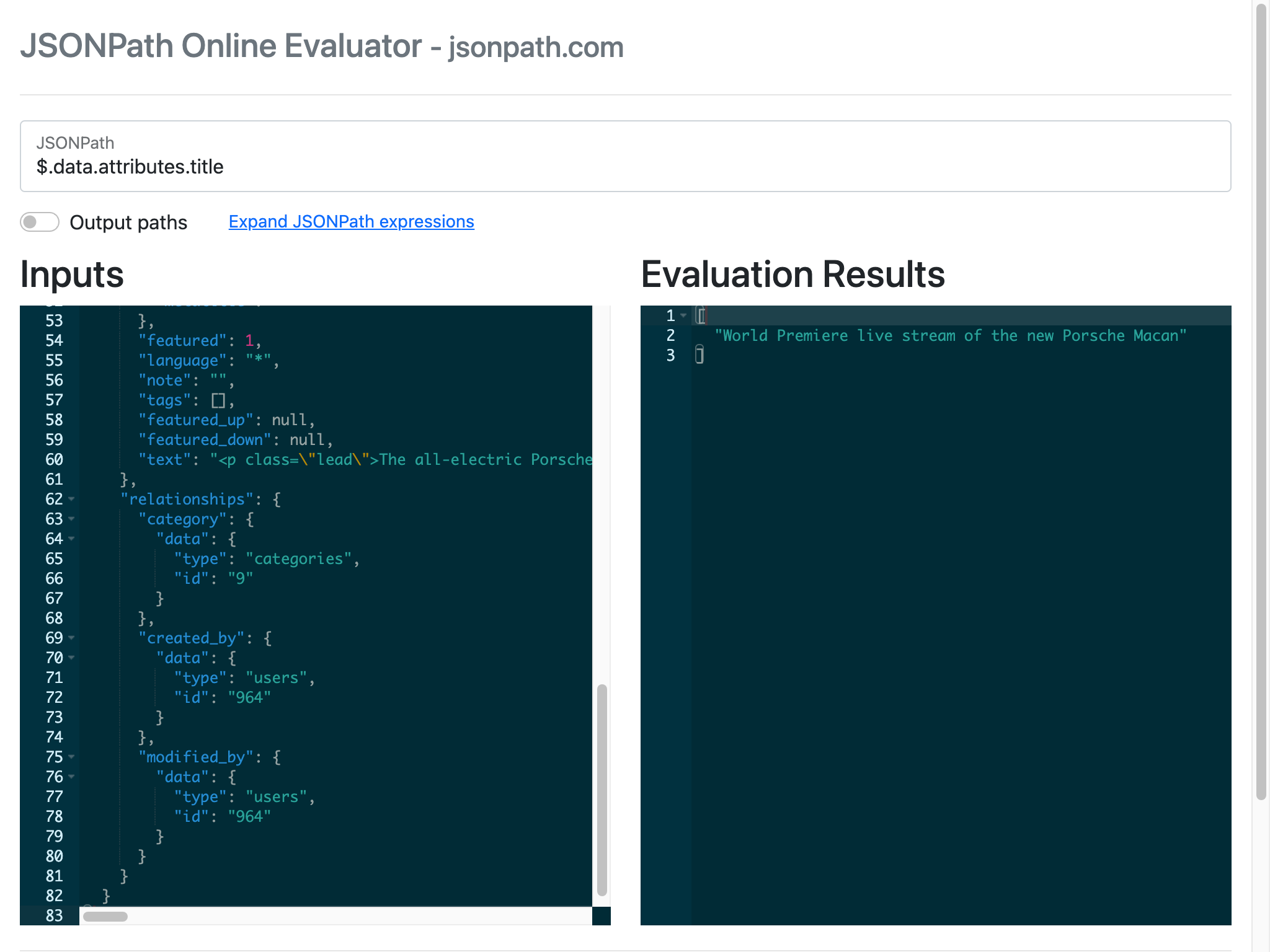 JSONPath Online Evaluator finding the title from the Joomla Article API results 