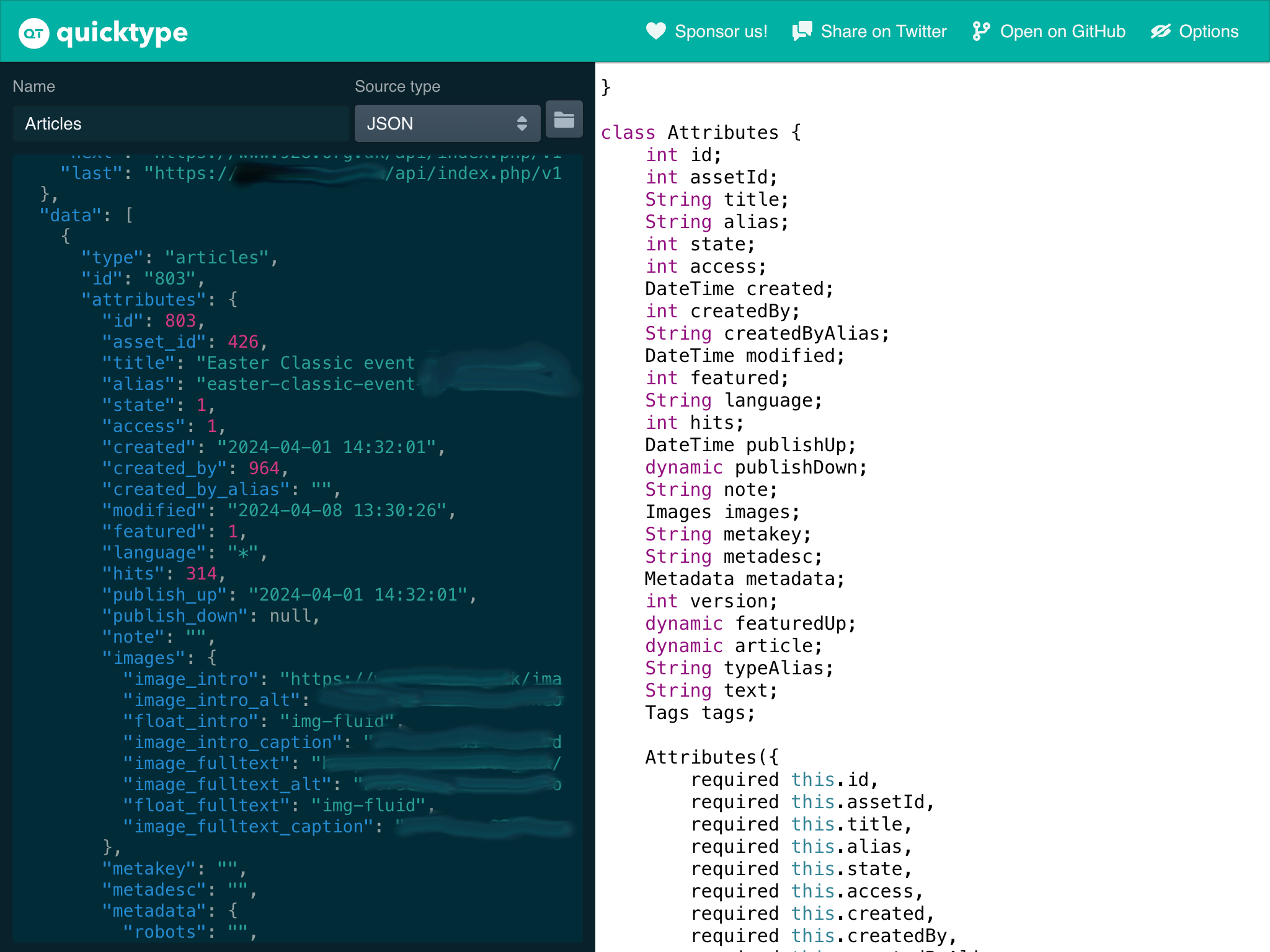 Quicktype.io - mapping JSON to Dart Classes (for use in a Custom Data Type)