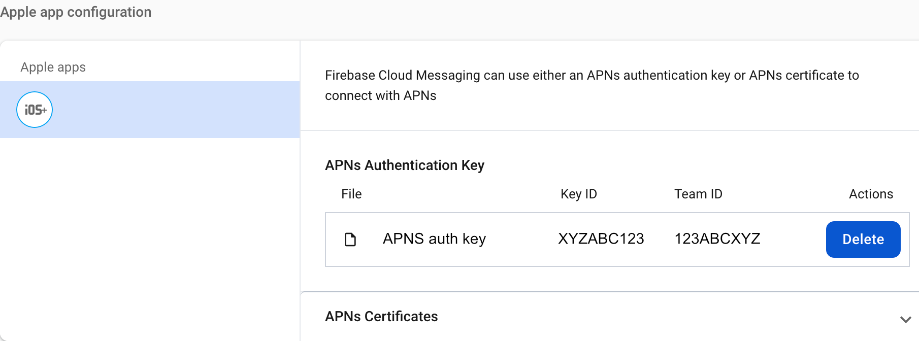 Firebase Console with an Apple APNS key applied (screenshot)