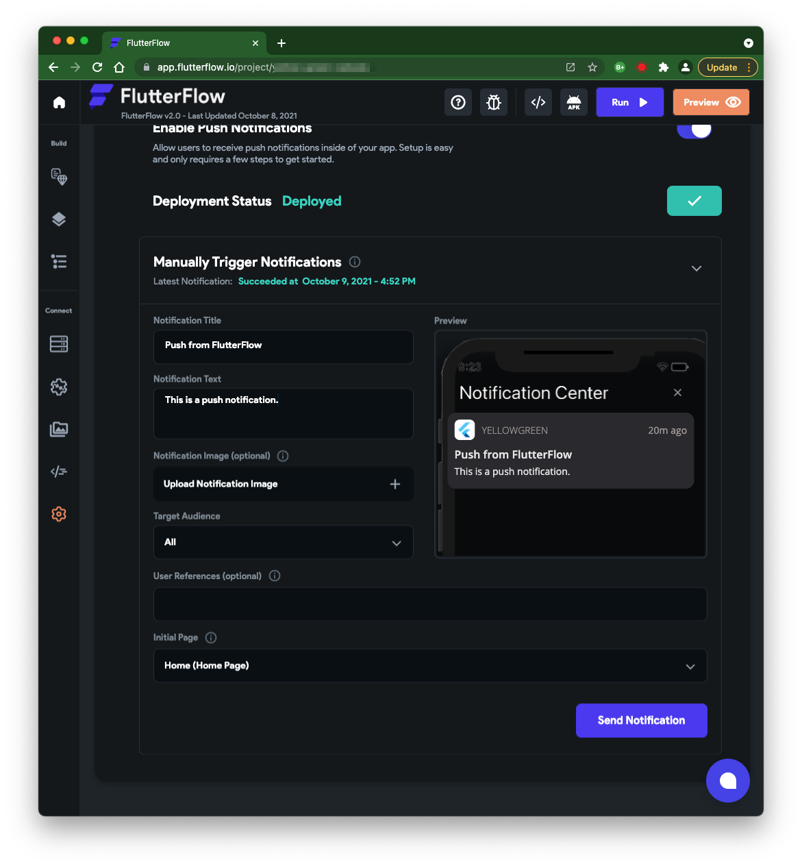 Screenshot of the push notification screen in FlutterFlow showing a successful push