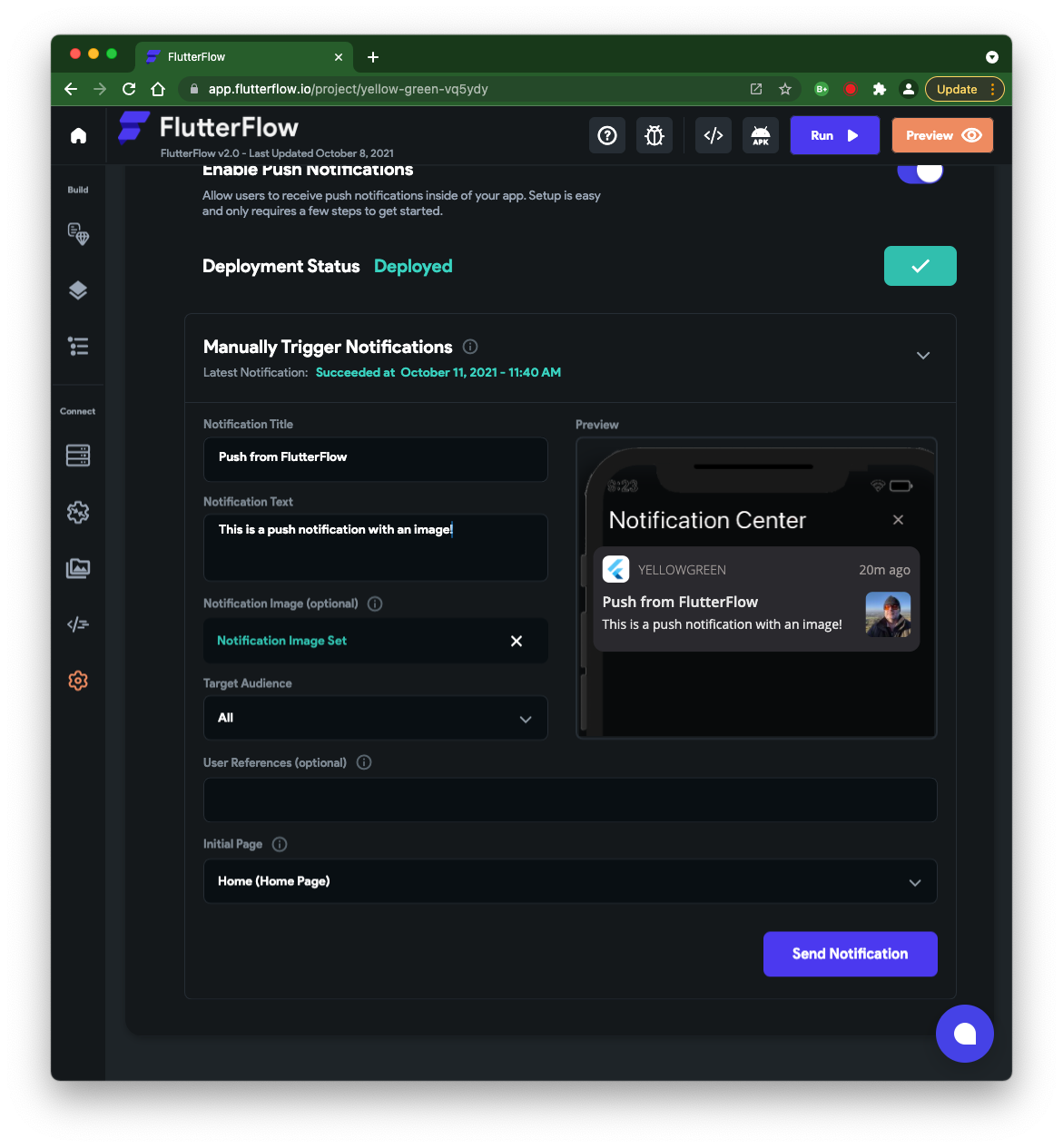 Screenshot of the push notification screen in FlutterFlow showing a successful push with an image