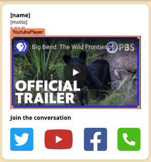 A FlutterFlow container based widget comprising a YouTube player, and button links to Twitter, YouTube, Facebook and phone call