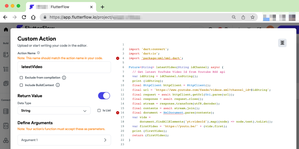 Screenshot of FlutterFlow Custom Action editor