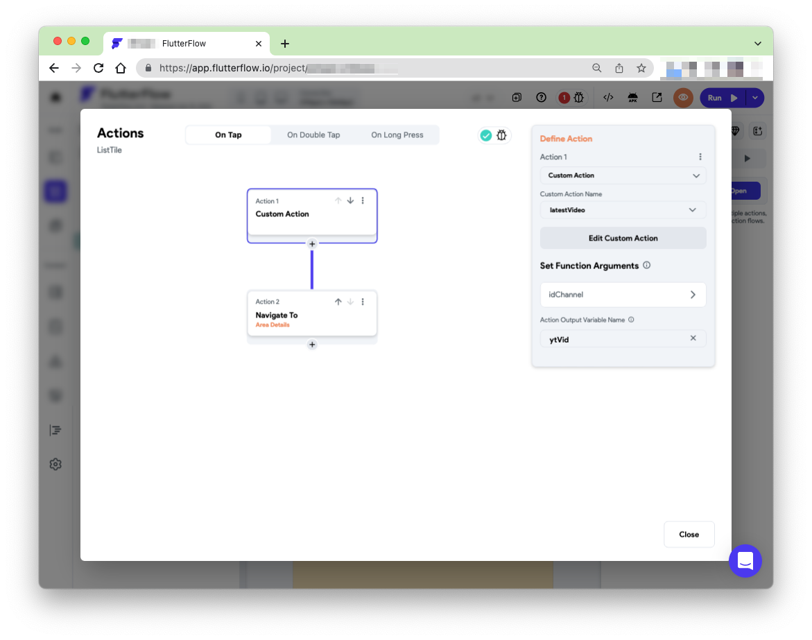Screenshot of FlutterFlow actions editor showing a custom action then a navigate to action