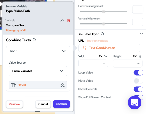 Screenshot of the Combine Text expansion dialog from the URL field in the FlutterFlow YouTube player