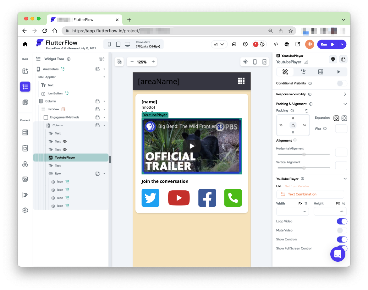 Screenshot of the YouTube video player in FlutterFlow app designer showing the Widget Tree and the YouTube Player parameters.