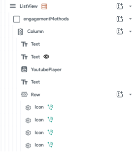 A FlutterFlow container based widget comprising a YouTube player, and button links to Twitter, YouTube, Facebook and phone call
