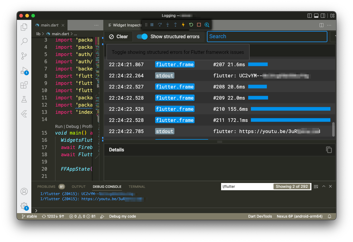 Screenshot of VSCodium running this FlutterFlow based Flutter app locally with a real Android device. It illustrates nicely how you can see the variables both in the debug console and the Dart development tools
