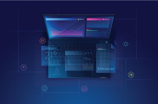 Gradient top view laptop technology background