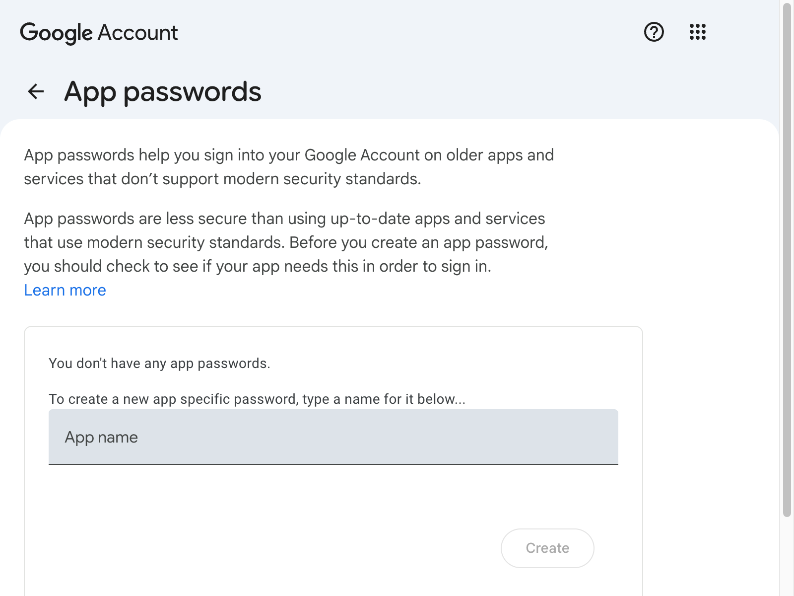 Google App Password settings in Google Accounts