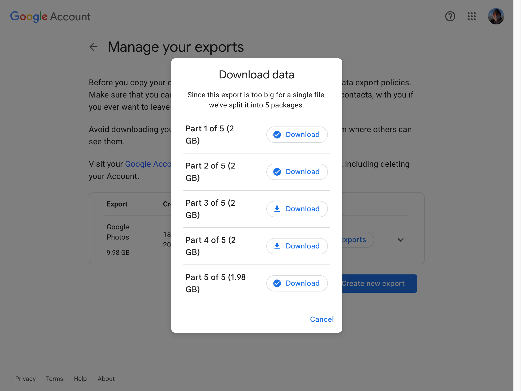 Google Takeout Download - Screenshot