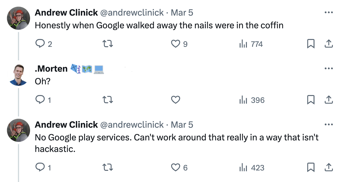 Tweet explaining Google walked away, so WSA didnt have Play Services