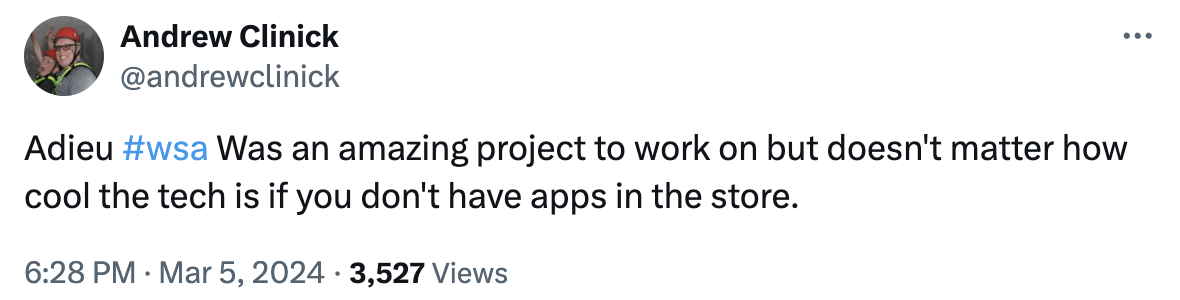 Apparent confirmation that Amazon Appstore was the weakest link in WSA