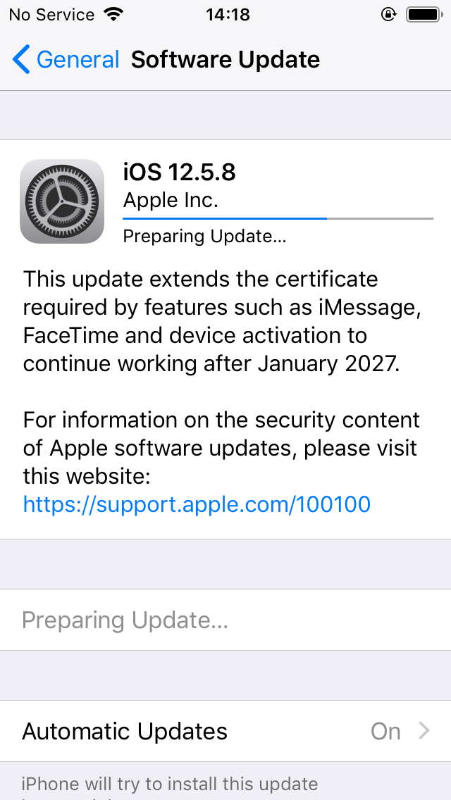 iOS Settings, preparing update