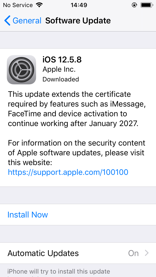 iOS Settings, install now