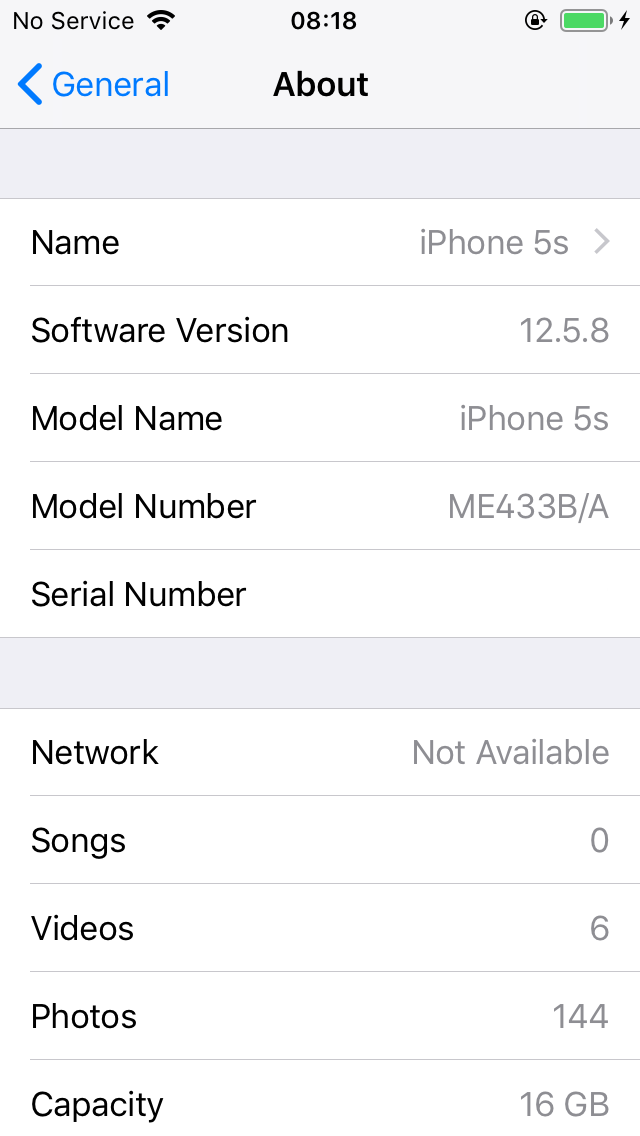 iOS Settings, Software version 12.5.8