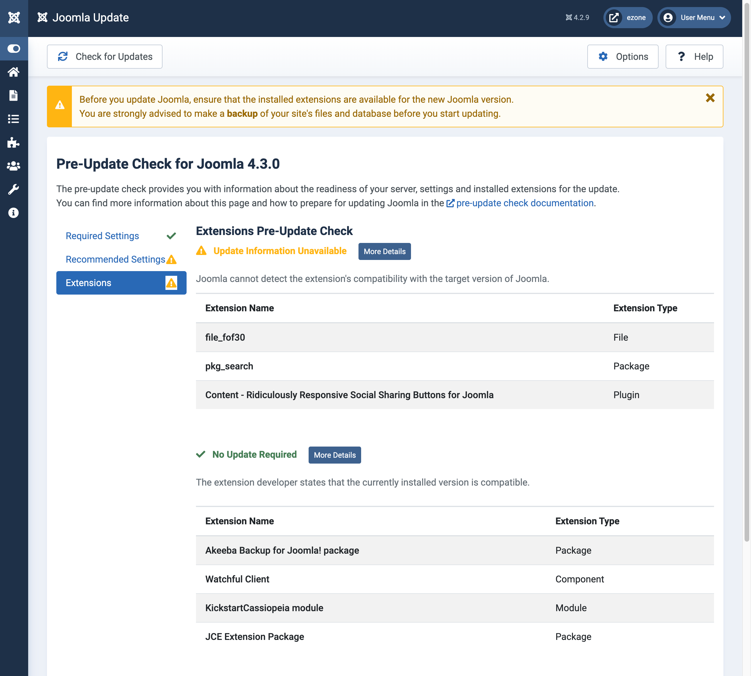 Pre-Update Extensions check for Joomla 4