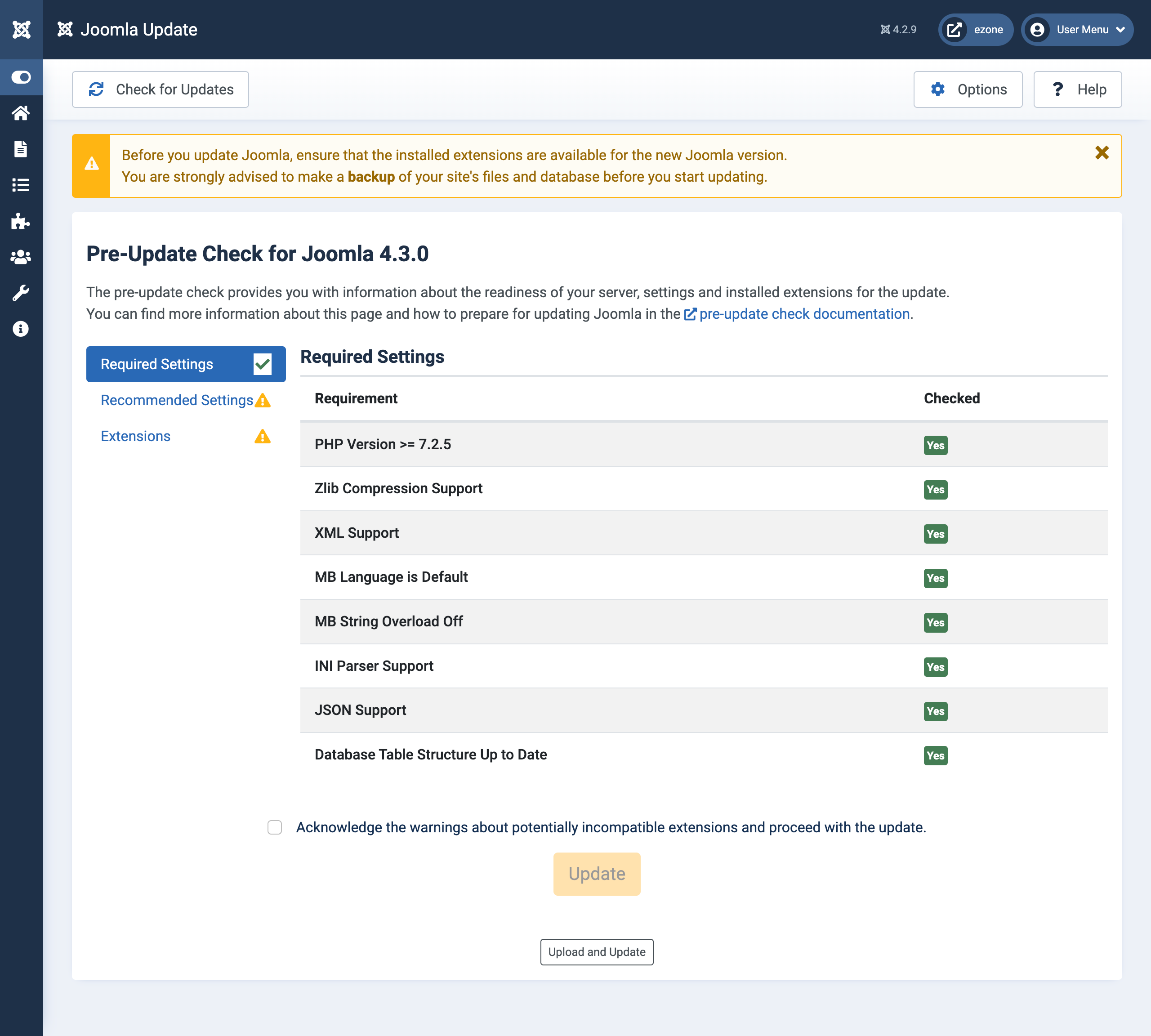 Updating Joomla 4 to latest ezone