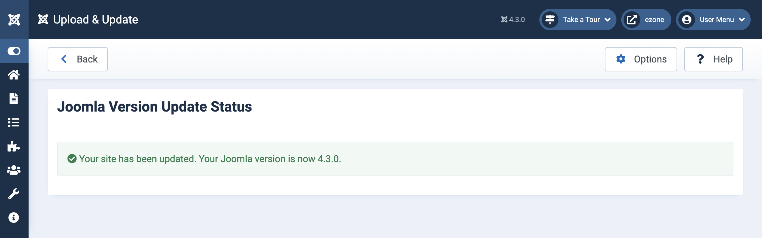 Joomla Version Update Status screenshot with an alert showing the site has been updated.