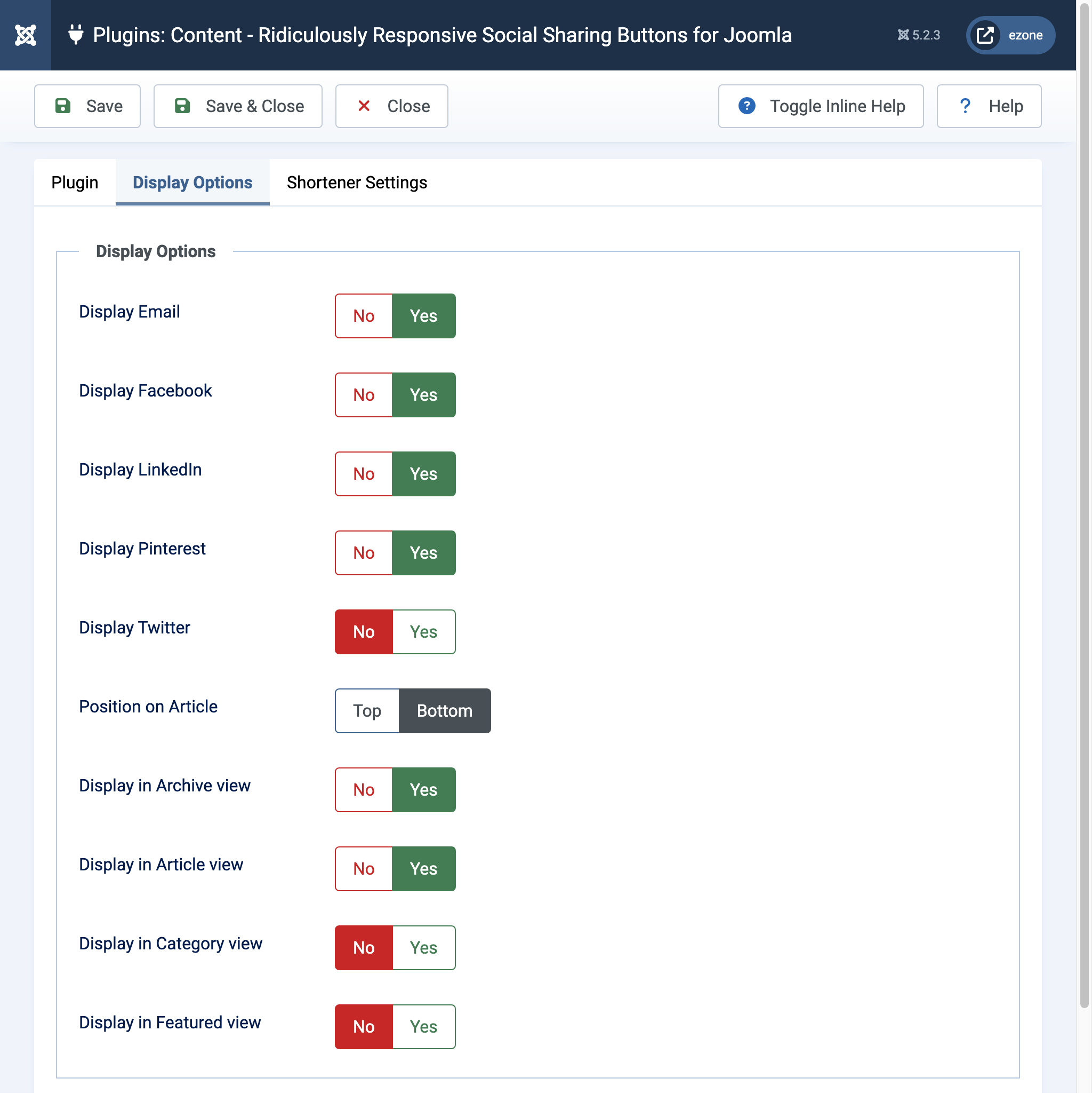 Screenshot: Display Options for the Ridiculously Responsive Social Sharing Buttons for joomla.org plugin