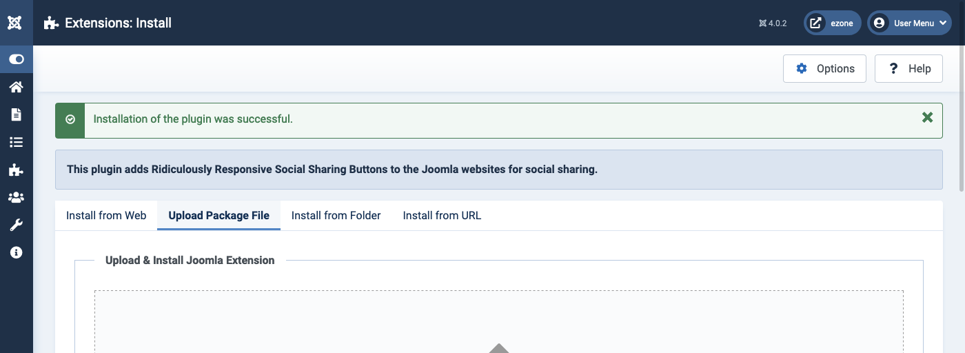 Screenshot: Uploading the Ridiculously Responsive Social Sharing Buttons for joomla.org plugin