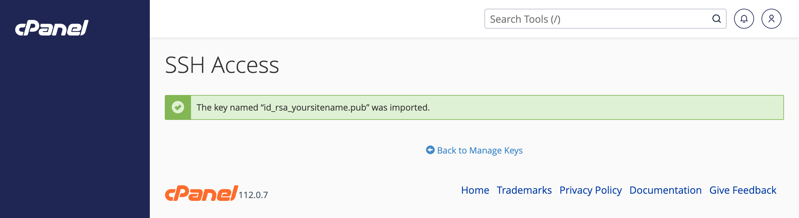cPanel success message after importing an SSH public key