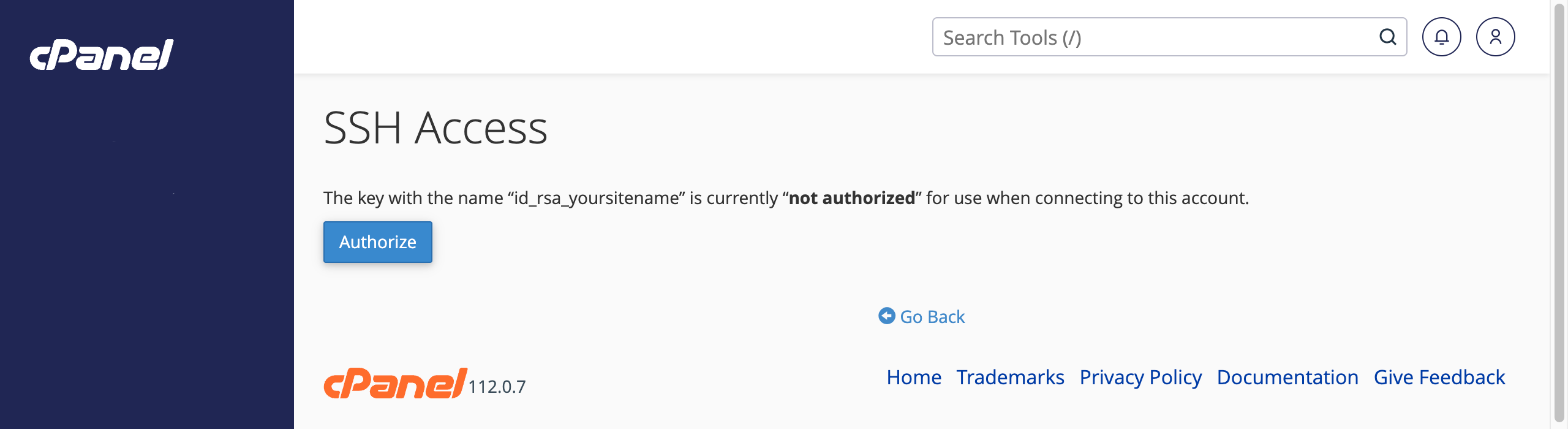 Finalising authorisation using cPanel