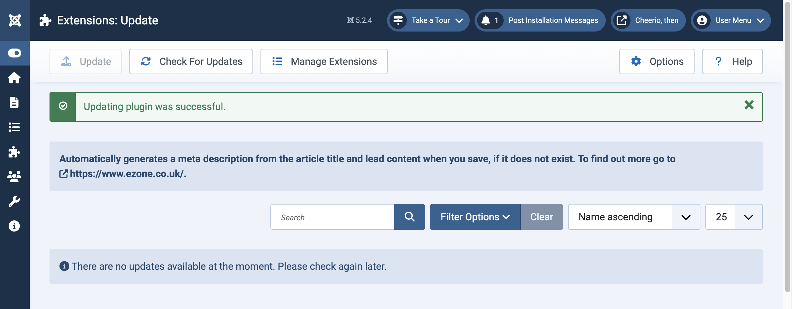 Joomla Extensions: Update screenshot showing a new version of the EZONE Automatic Meta Description plugin successfully updated