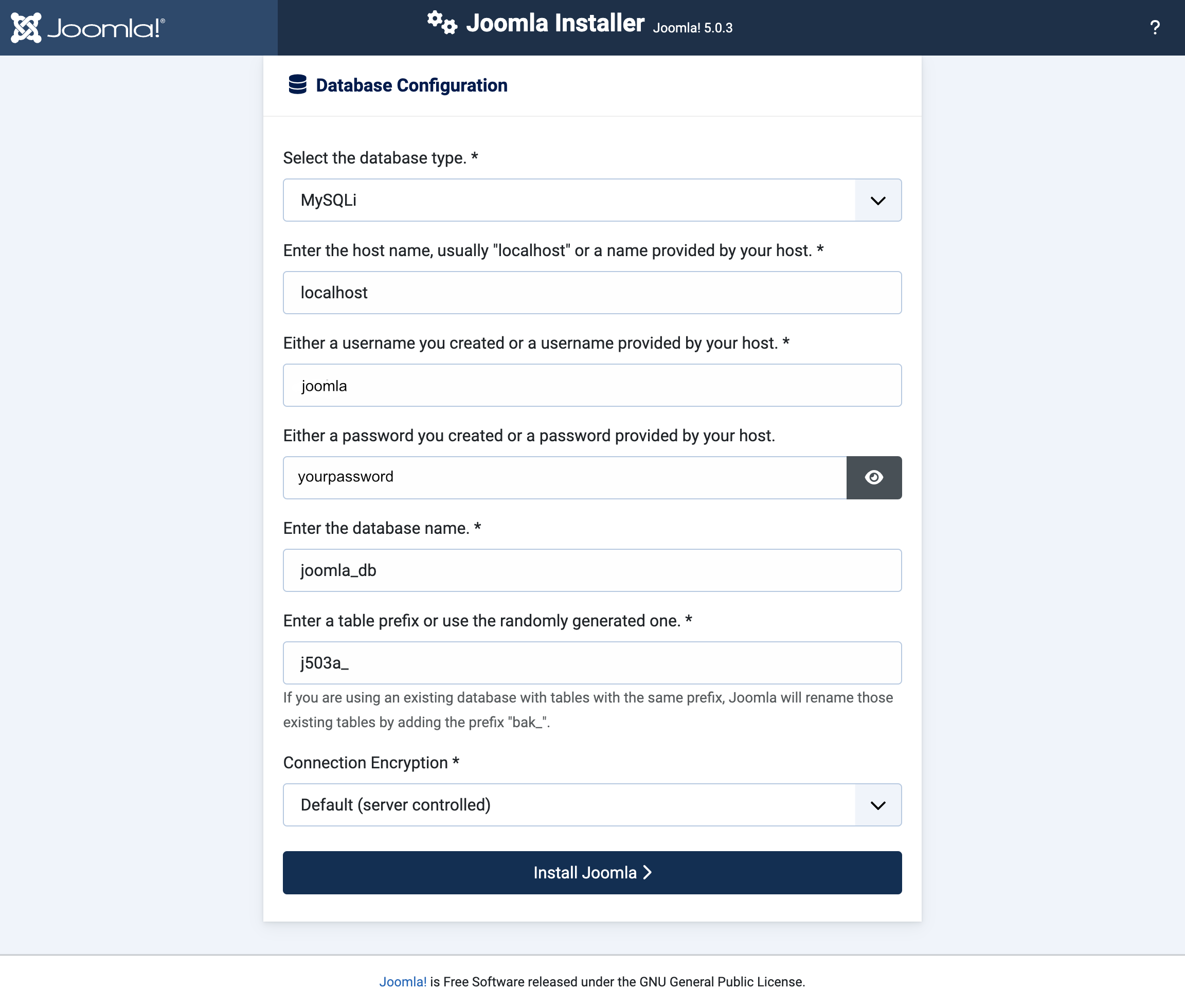 Joomla 5.0.3 installation. Database settings