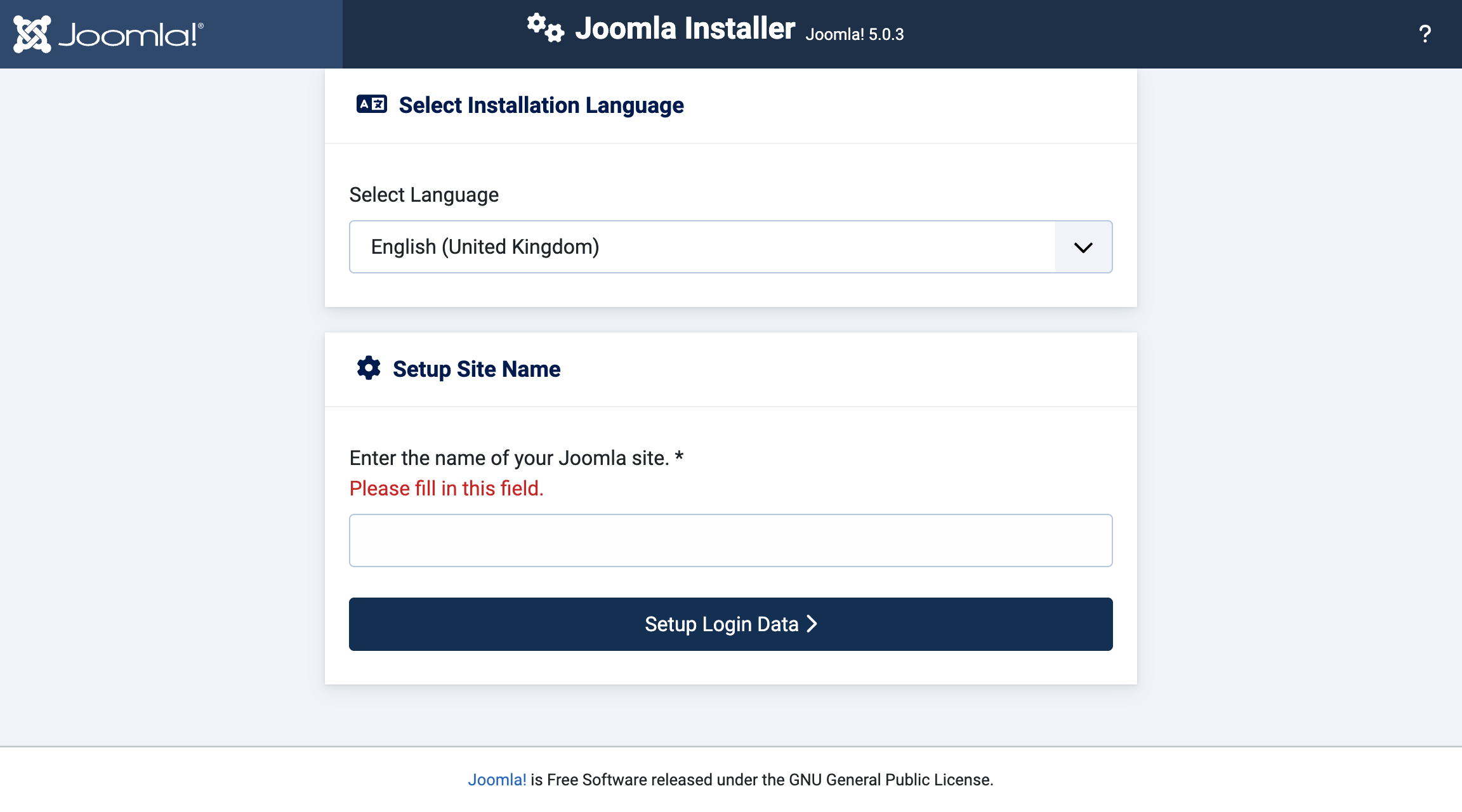 Joomla 5.0.3 installation, language and site picker