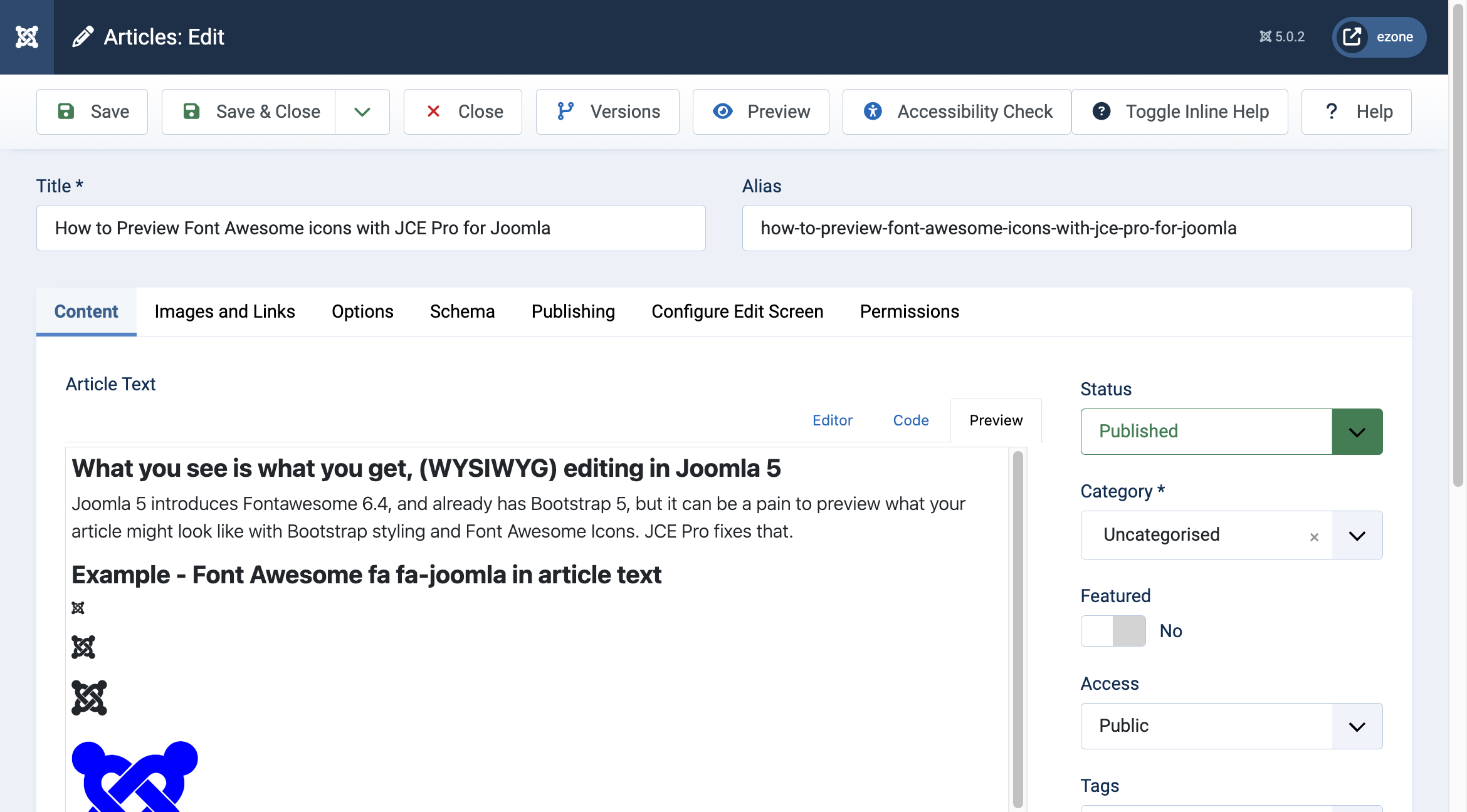 JCE Pro - Joomla Article Preview with Font Awesome visible
