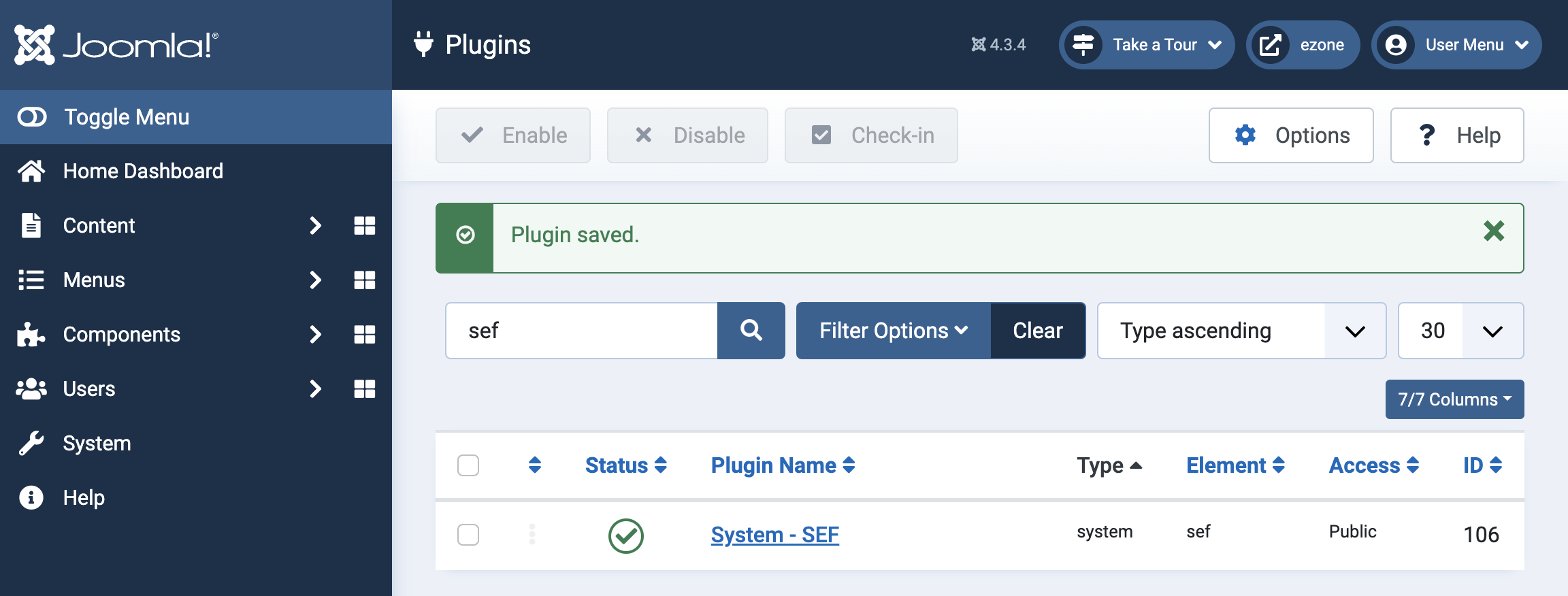 Joomla system SEF plugun - enabled