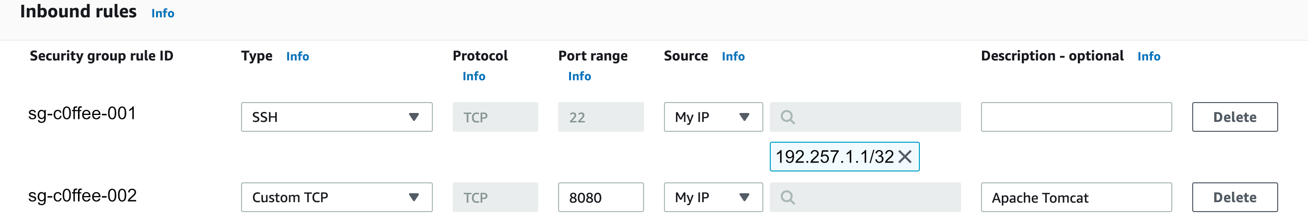 Screenshot of AWS EC2 Security Group for Apache Tomcat and SSH access to my ip only