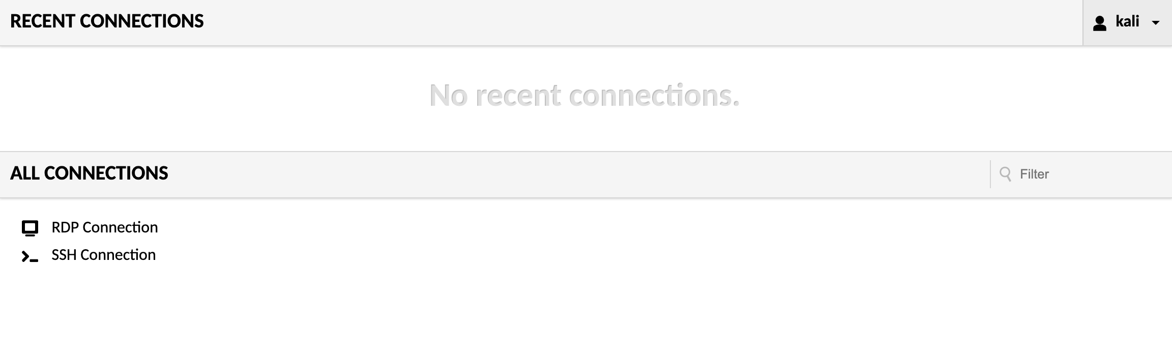 Screenshot of connections screeen in Apache Guacamole showing SSH and RDP enabled