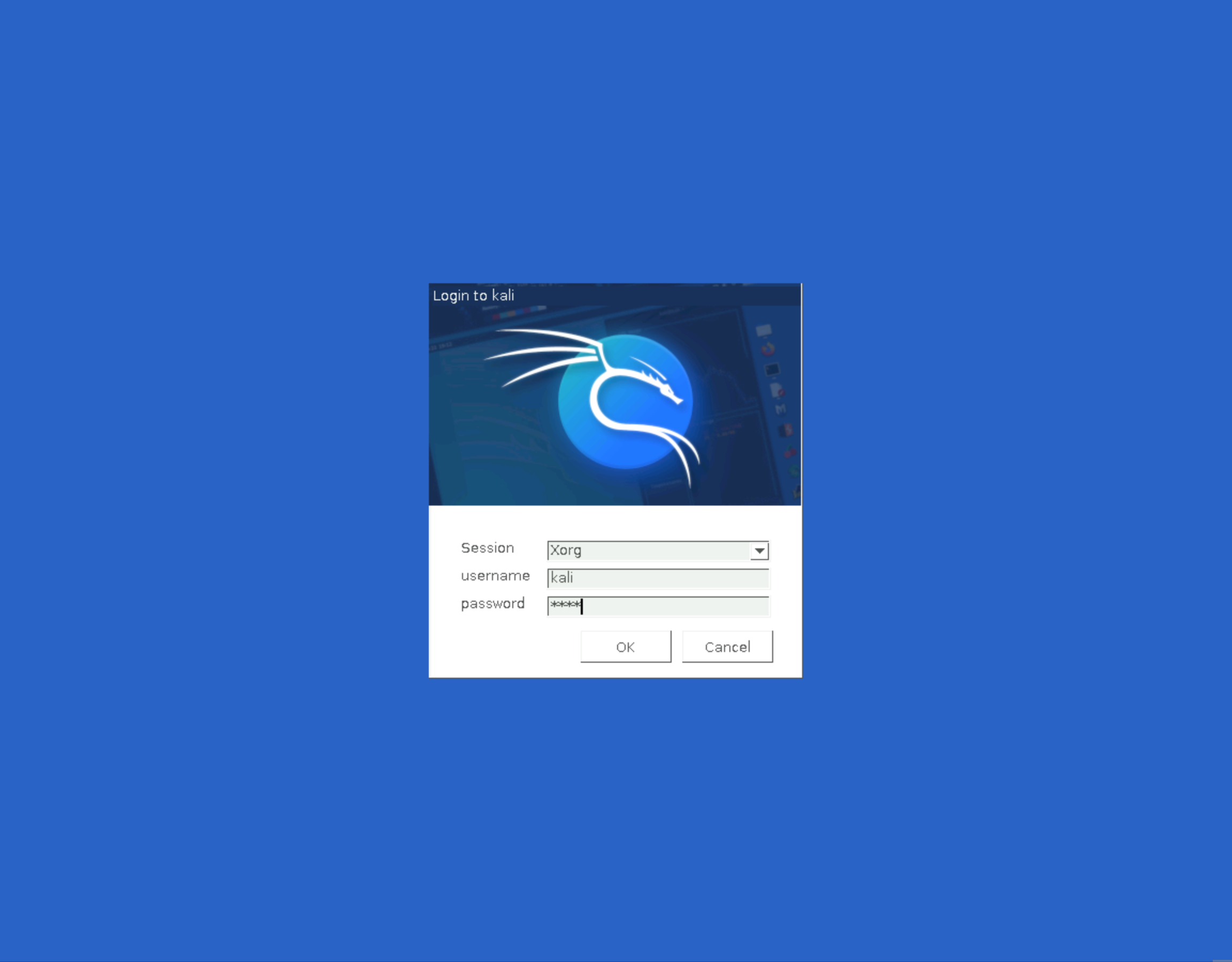 Screenshot of Kali Linux desktop login screen